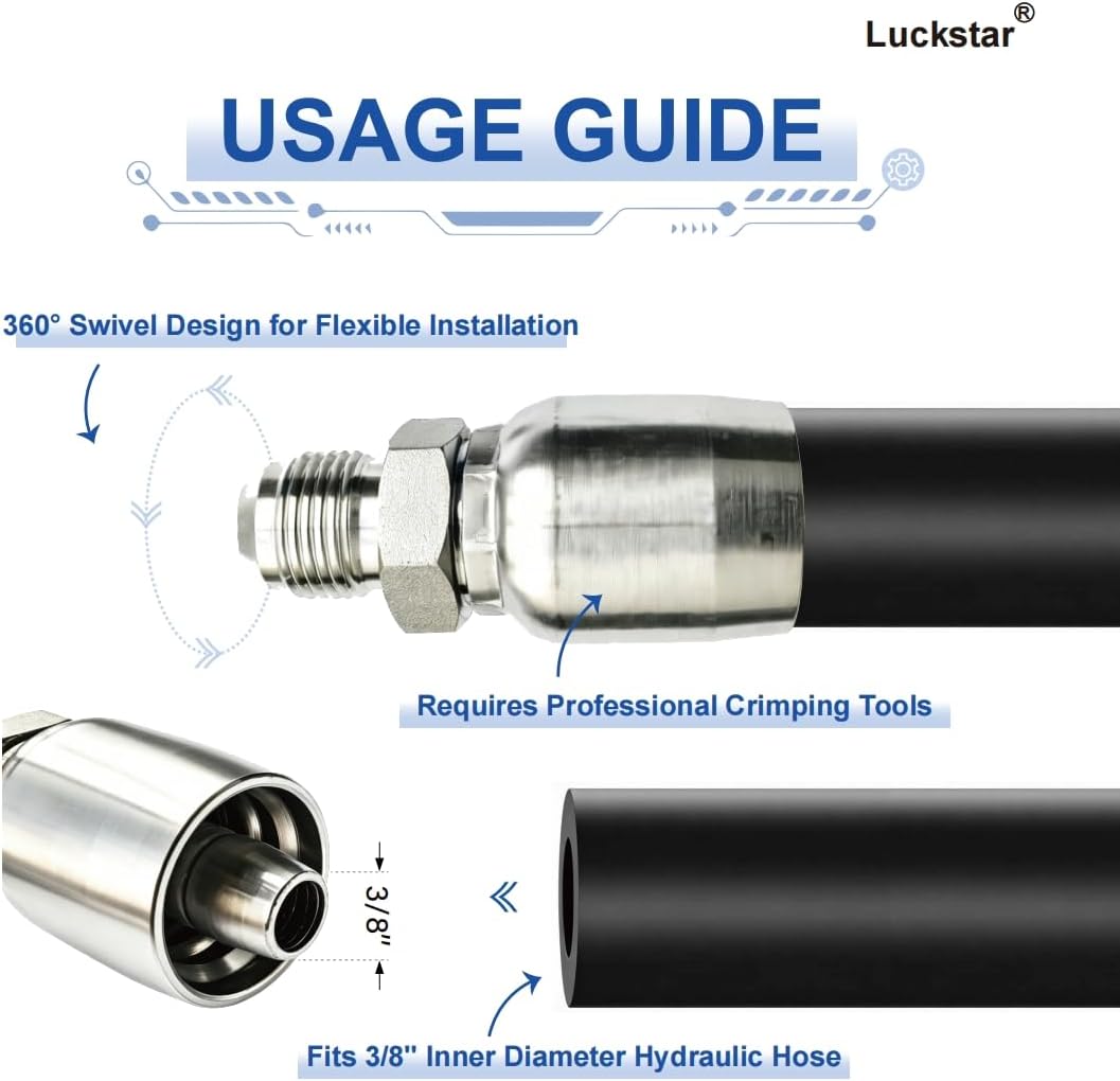 Luckstar 12-Pack Hydraulic Hose Fitting, 3/8" Hose x 3/8" JIC 37° Male, High-Strength Carbon Steel Crimp Fitting for Industrial Hydraulic Systems