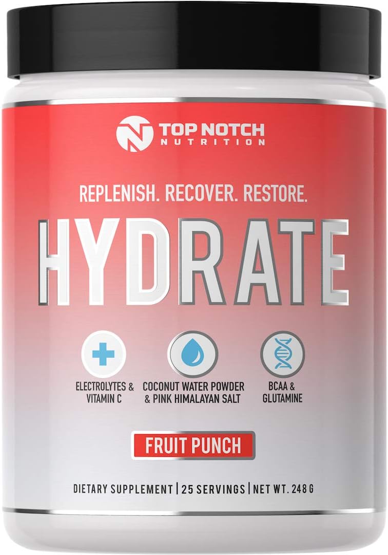 Top Notch Nutrition Electrolyte Replacement Powder Supplement with Coconut Water Powder BCAA's L Glutamine Vitamin C and Essential Electrolytes Replenish Recover Restore Your Body (Fruit Punch)