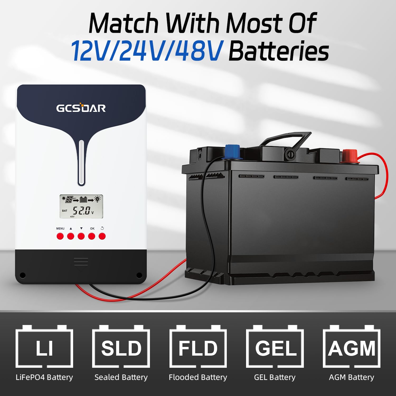 MPPT Laderegler 60A 12V/24V/48V Auto Max PV 150V LCD Display, mit WiFi Adapter App Fernüberwachung Solar Laderegler für Blei Säure LiFePO4 Lithium