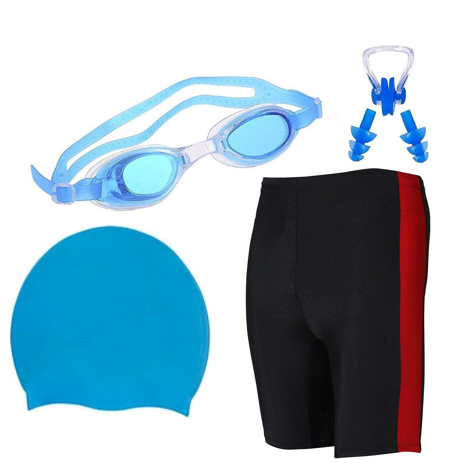 DRAUSSSwimming Combo Kit Regular Fit (28in to 34in) Goggles, Silicone Cap, 2Pc Ear Plugs, 1 Pc Nose Clip, Swimming Suit (Blue)