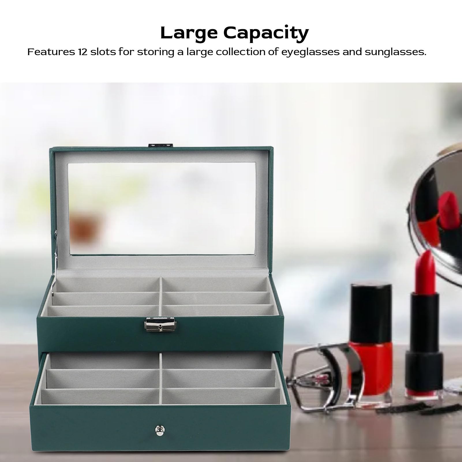 Asixxsix Organizer na Okulary Przeciwsłoneczne, 12 Przegródek Wodoodporny Zamykany Schowek ze Skóry PU, Etui na Okulary z szufladą dla Kobiet Mężczyźni Biżuteria Zegarki Wyświetlacz Okularów