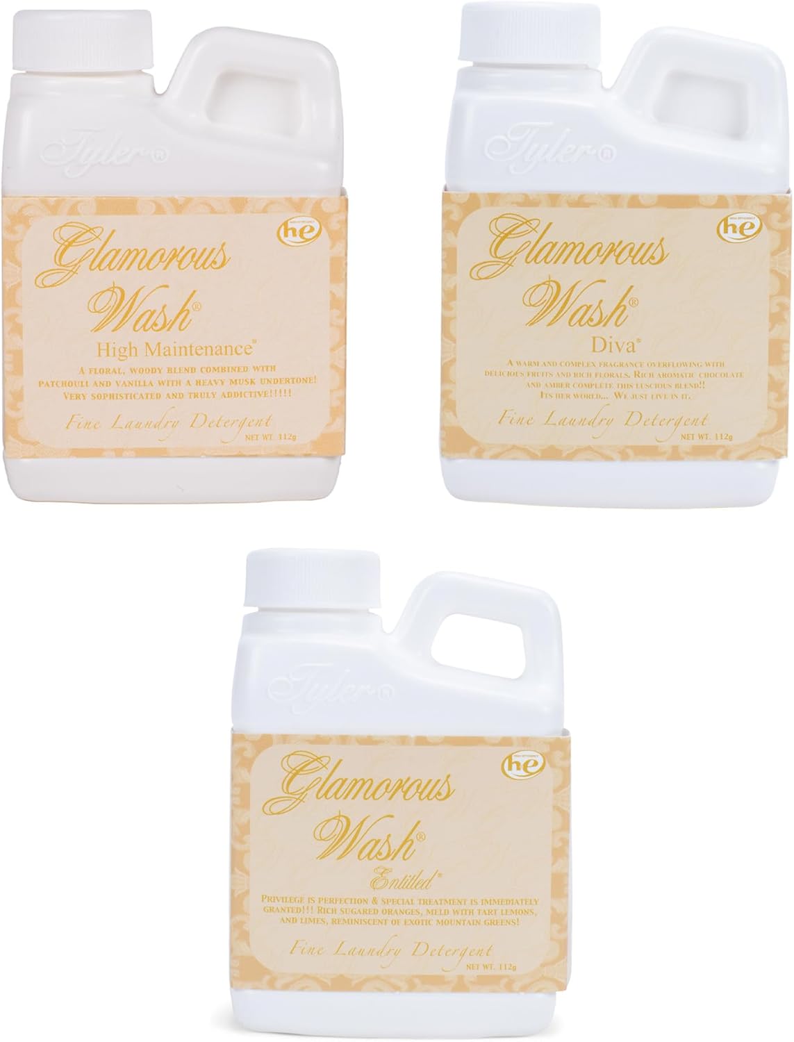 Elanze Designs Tyler Candle Glamorous Wash and Luxurious High Efficient 4 ounce Fine Liquid Laundry Detergent, 3 Scent Assortment, High Maintenance, Diva, Entitled