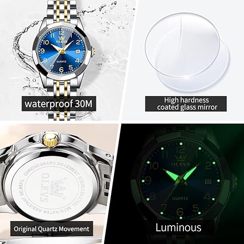 Miniatura 6 de OLEVS - Reloj de pulsera para mujer, doradoplateado, analógico, de cuarzo, pequeño, de acero inoxidable, impermeable, luminoso, con fecha, reloj