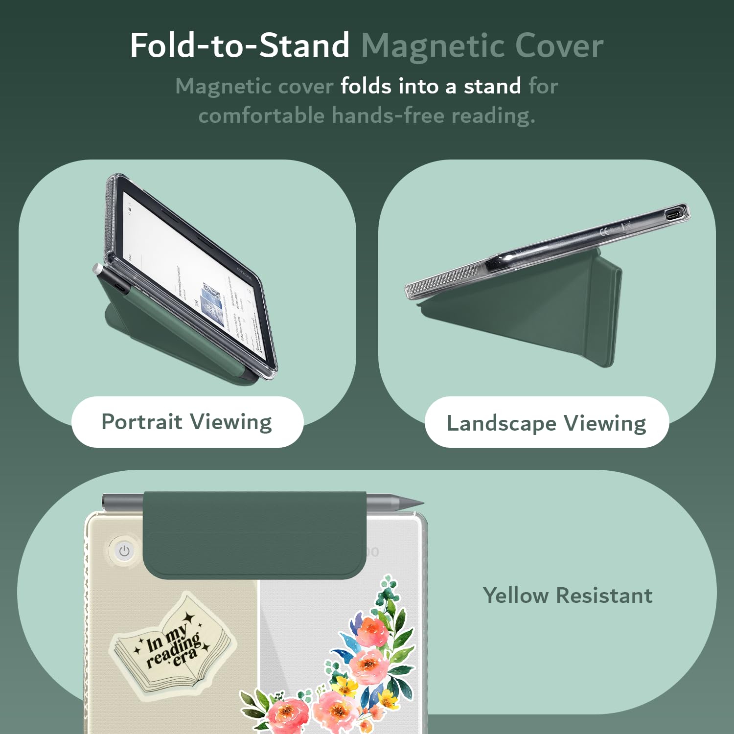 TUDIA M-FLIP Custodia Magnetica Trasparente Rimovibile per Kobo Libra Colour (2024) [Auto Wake/Sleep] Antiurto Sottile Trasparente Posteriore Magnetico Pieghevole Cover con Porta Stilo (Verde Scuro)