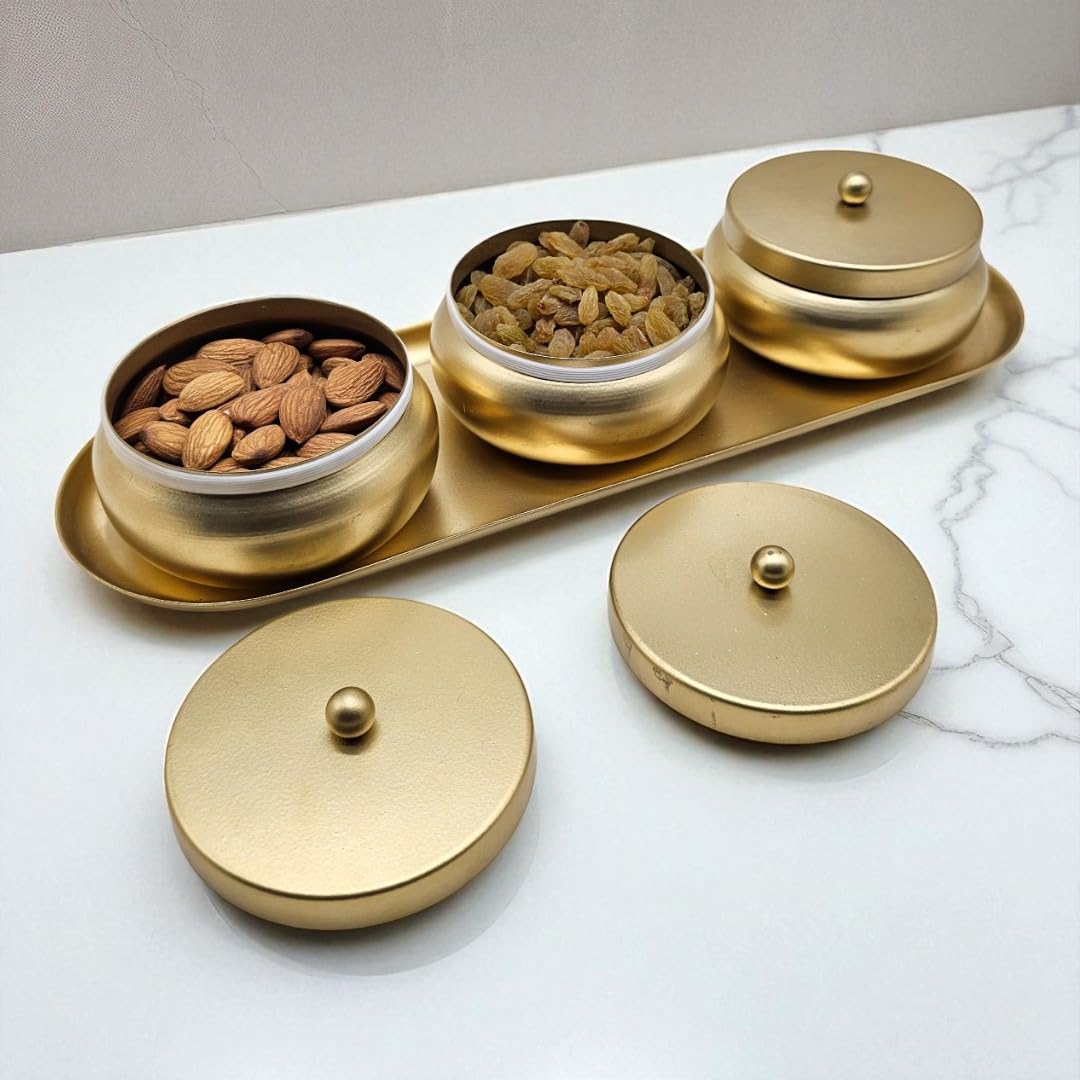 Shiyon Airtight DryFruit Container Set with Tray- (200 Gram Each) Gold, Snack Serving Bowls with Lid (Carbon Steel). (3 Jars & Tray)
