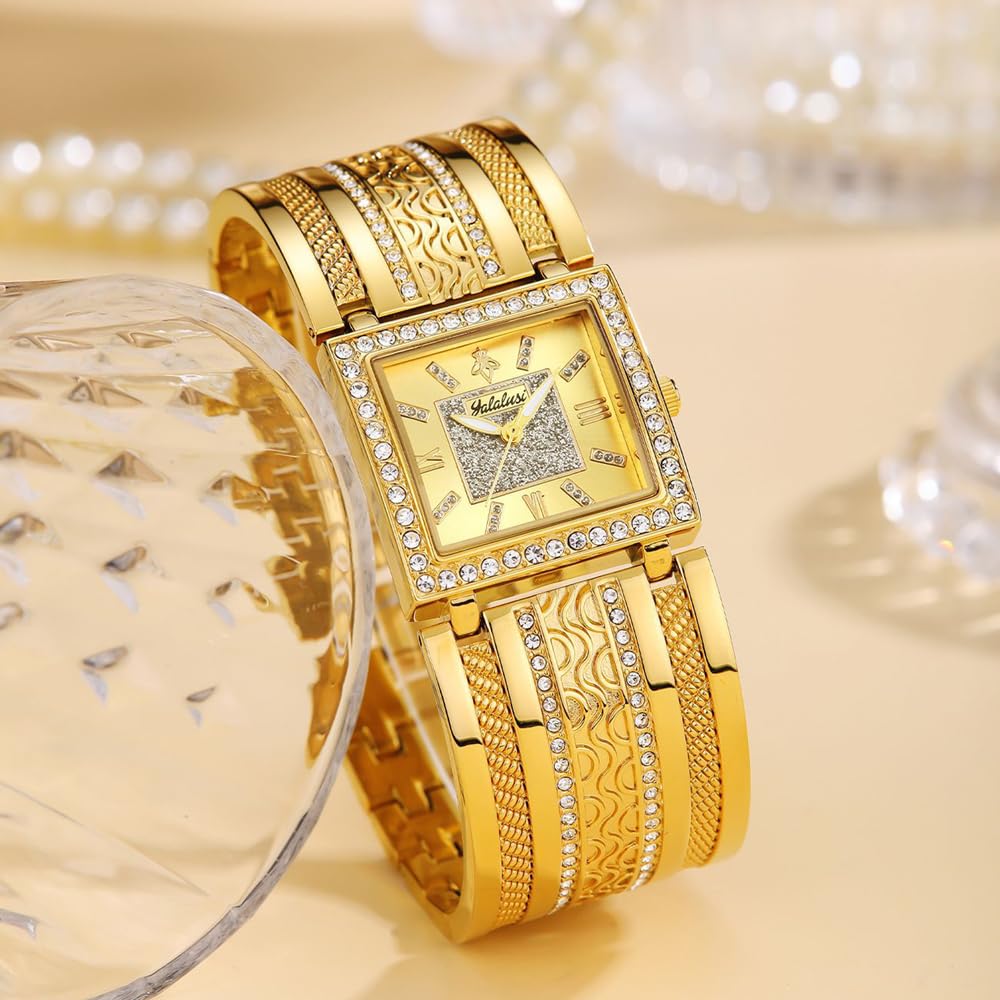 Orologio da polso analogico al quarzo da donna, quadrante quadrato con cristalli, con scatola