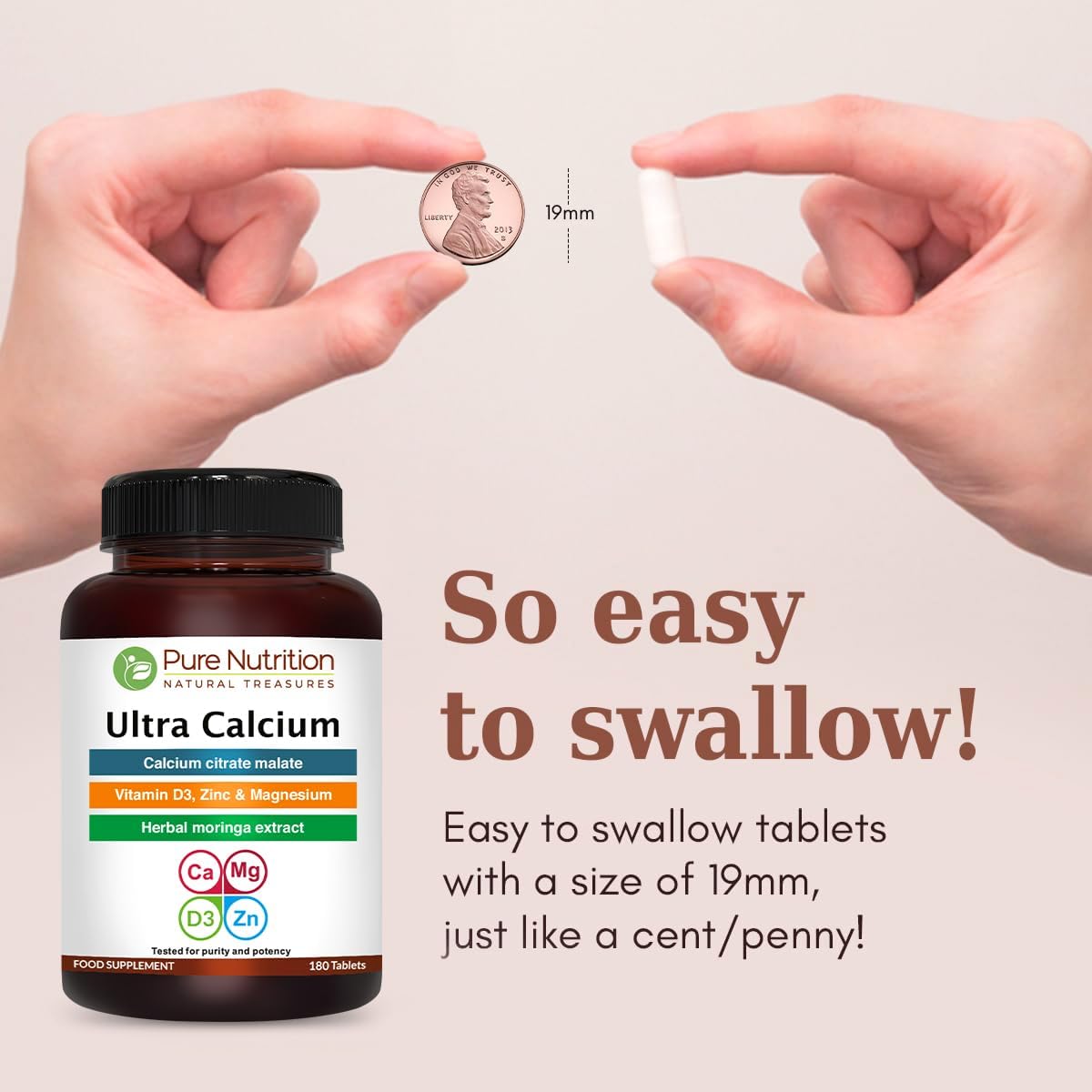Pure Nutrition Ultra Calcium Citrate 1000mg Highly absorbable Calcium Supplement with Calcium Citrate Malate, Vitamin D, Zinc and Magnesium - 1 Tablet Daily (180 Veg Tabs) Non-GMO | Gluten-Free