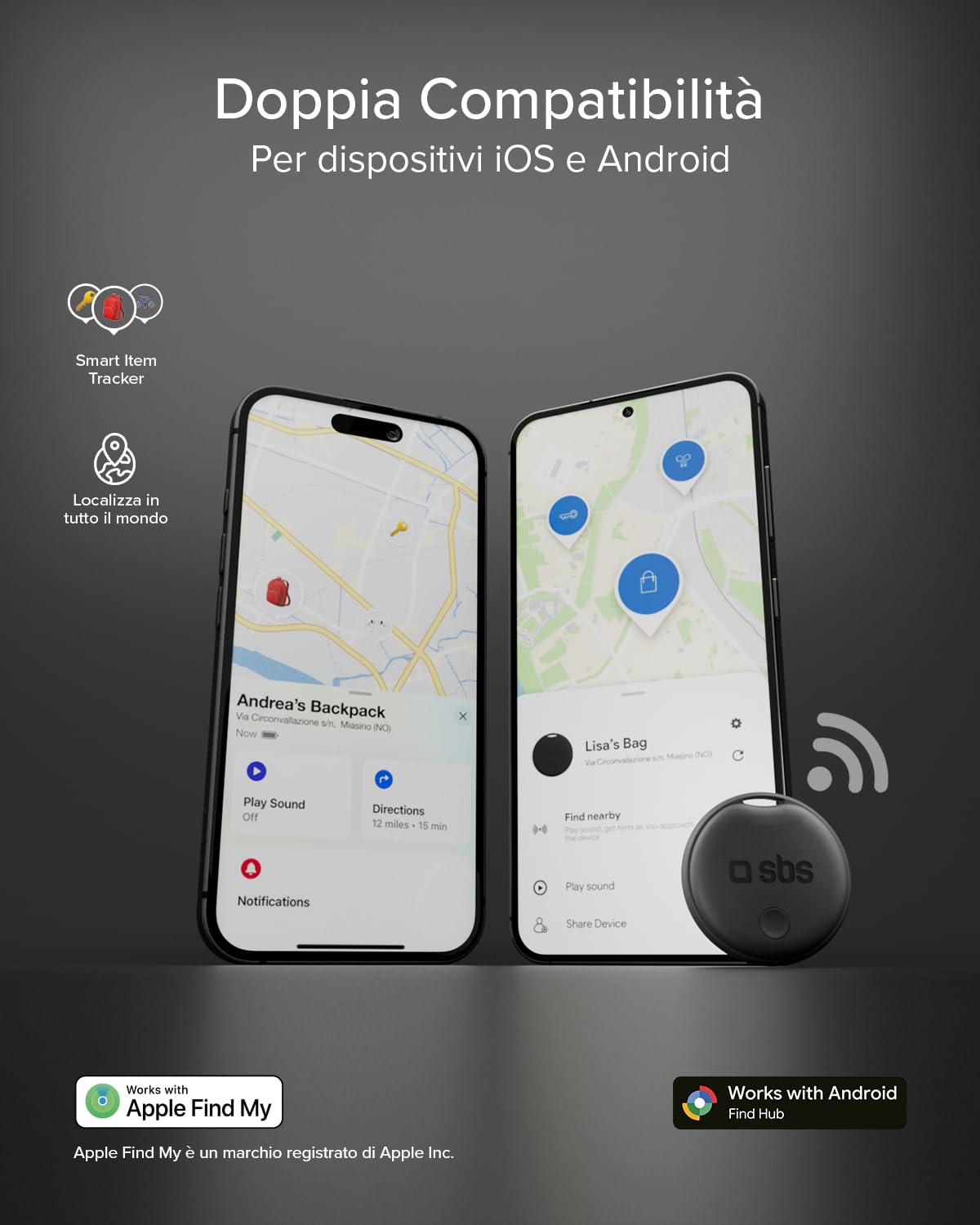 SBS Track My Dot Kit 4 Smart Tag Localizzatori Compatibili Apple Find My Google Find Hub Nero