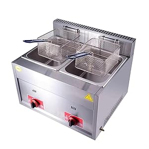 Freidora de gas, freidora de gas profesional de acero inoxidable comercial con cesta y tapa, Freidora 2x10L Doble Tanque para encimera de restaurante comercial Máquina (10L+10L)