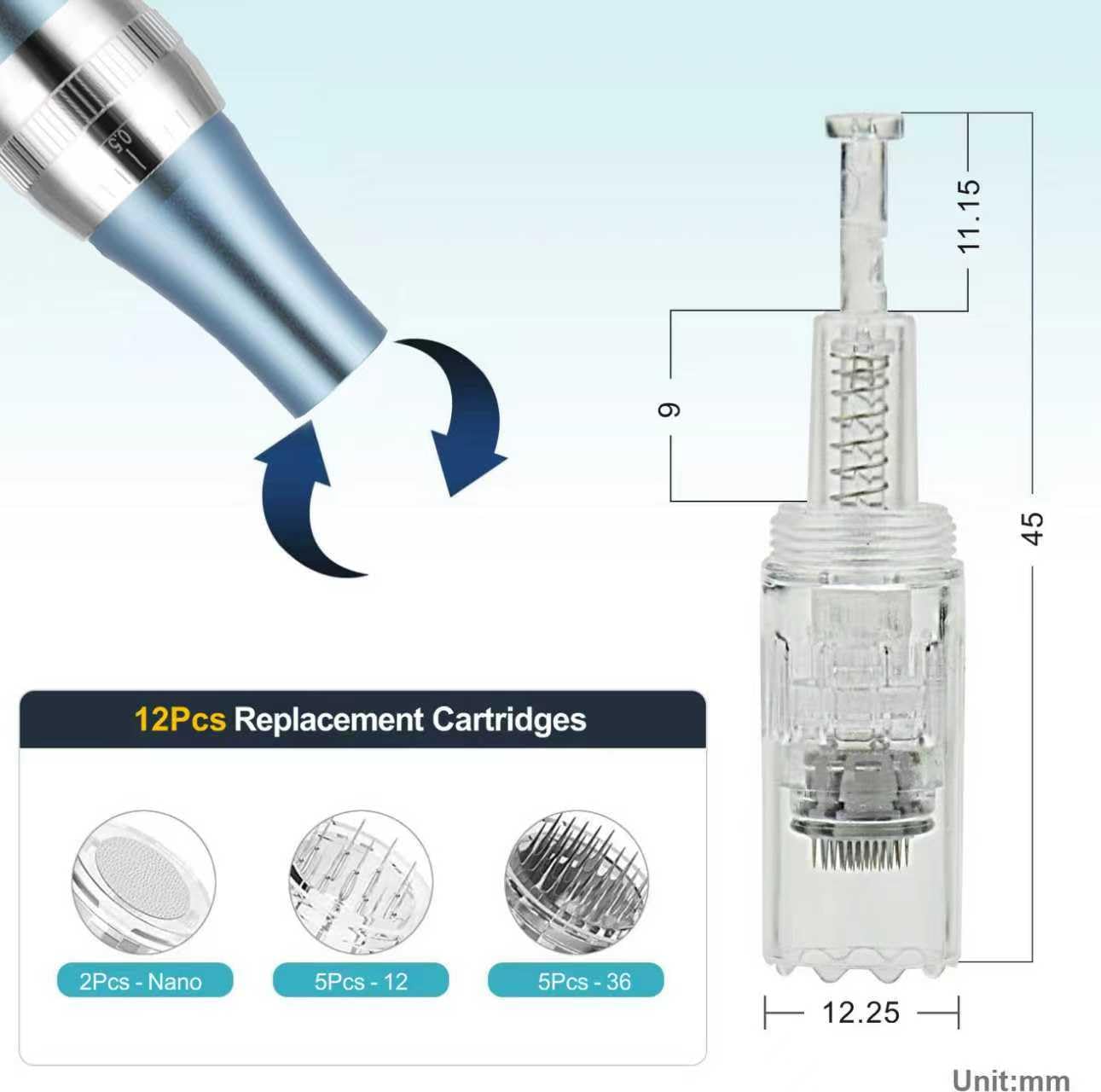 Dermapen - Microneedling Pen con 8 livelli di velocità, lunghezza regolabile, con 12 cartucce, con siero retinolo per microneedling (azzurro)
