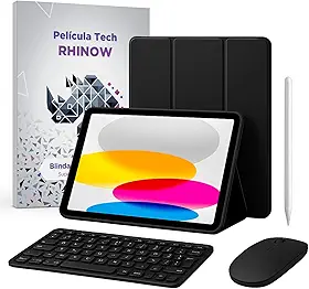Kit Capa Preta com suporte de caneta para iPad 10ª e 11ª geração + Película de vidro + Caneta Precision + Teclado e Mouse (Rhinow)
