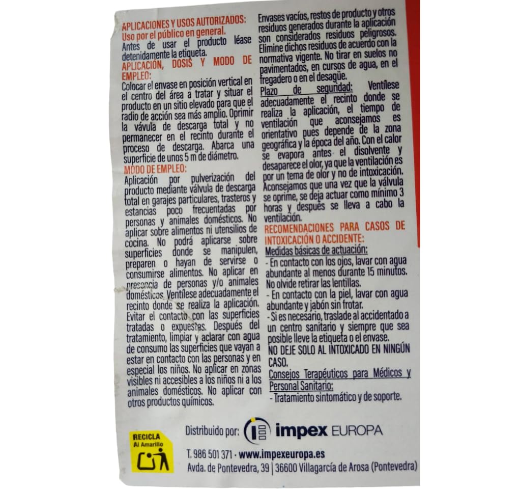 PACK 6 UNIDADES Insecticida DESCARGA TOTAL 150ml - Impex. Eficaz contra insectos voladores y rastreros. Ideal para lugares de dificil acceso. Listo para usar.