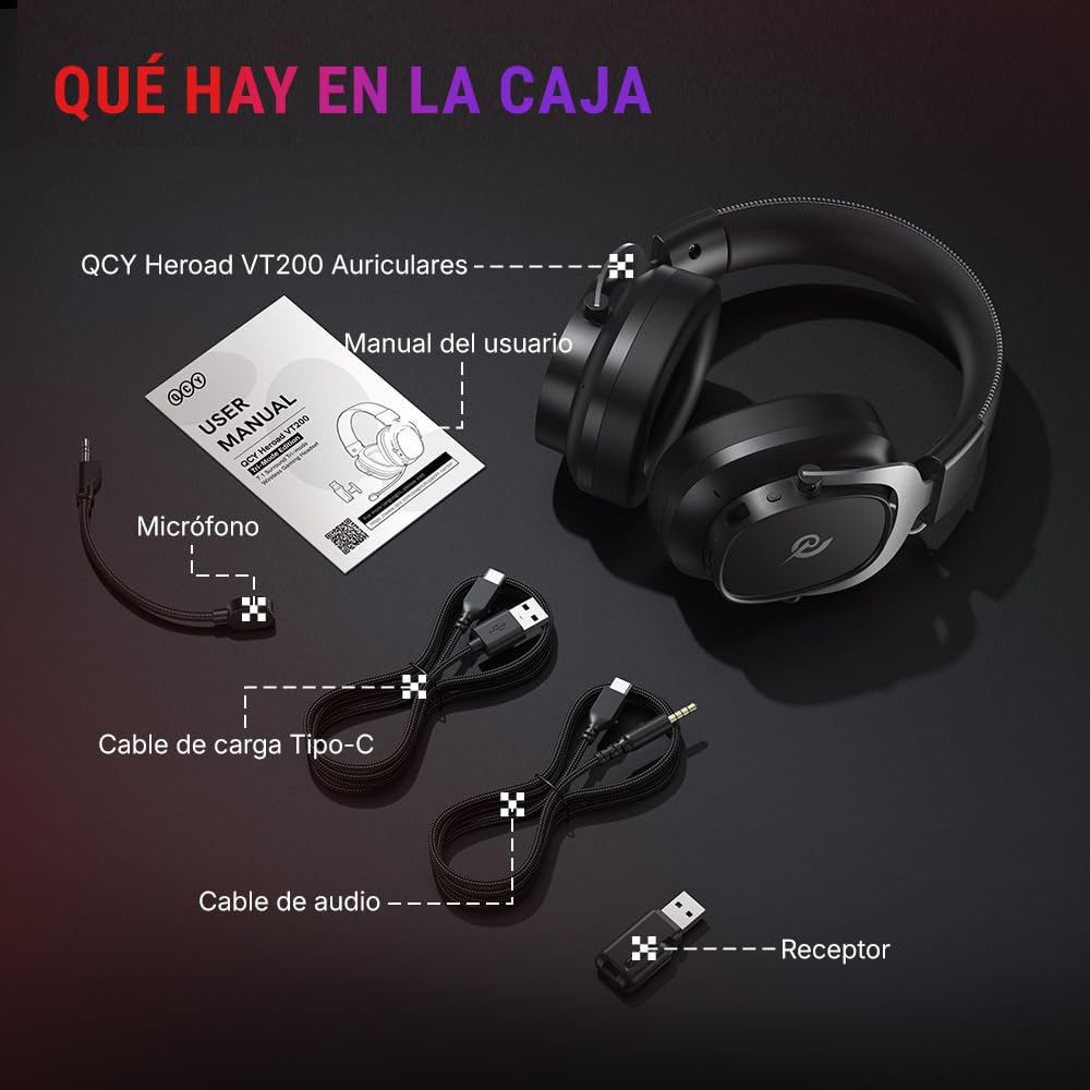 QCY Heroad VT200 Cascos Gaming Inalámbricos para PC/Ps5/Ps4/Switch/Mobile, 7.1 Sonido Envolvente, Auriculares Gaming con 2.4 GHz+Bluetooth 6.0, Duración 130H, Drivers 53mm, RGB -Plata Negro
