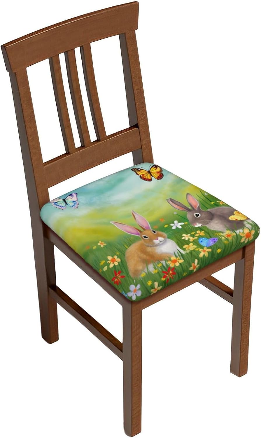 Square Chair Seat Covers 16.9" Six Piece, Easter Bunny Eggs Spring Butterfly Stretch Fitted Couch Cushion Cover Replacement Removable, Chair Slipcovers for Party Office Decoration