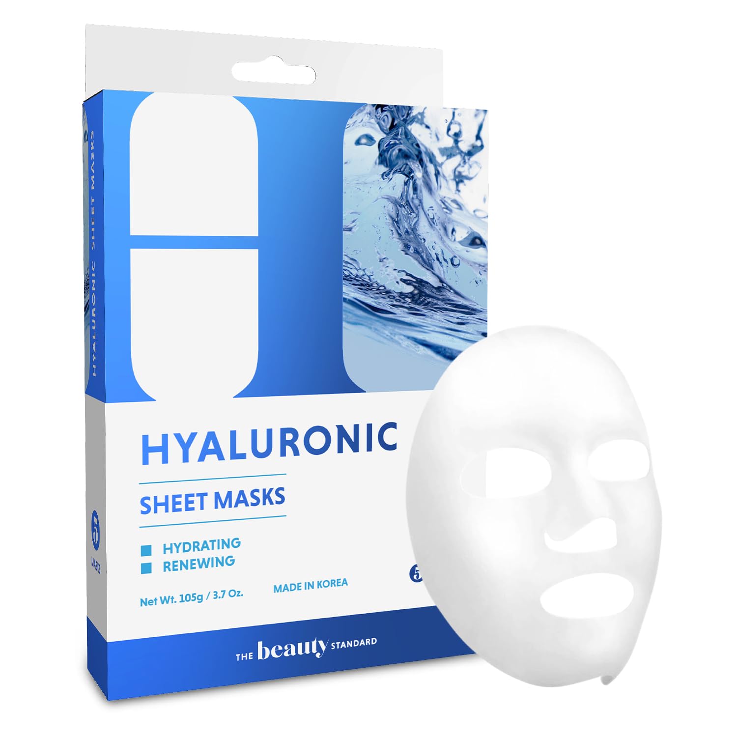 Hyaluronic Acid Sheet Face Mask - Skin Firming, Anti-Aging, Moisturizes & Plumping - Dermatologist Tested, Cruelty-Free Korean Skincare for All Skin Types - Pack of 5