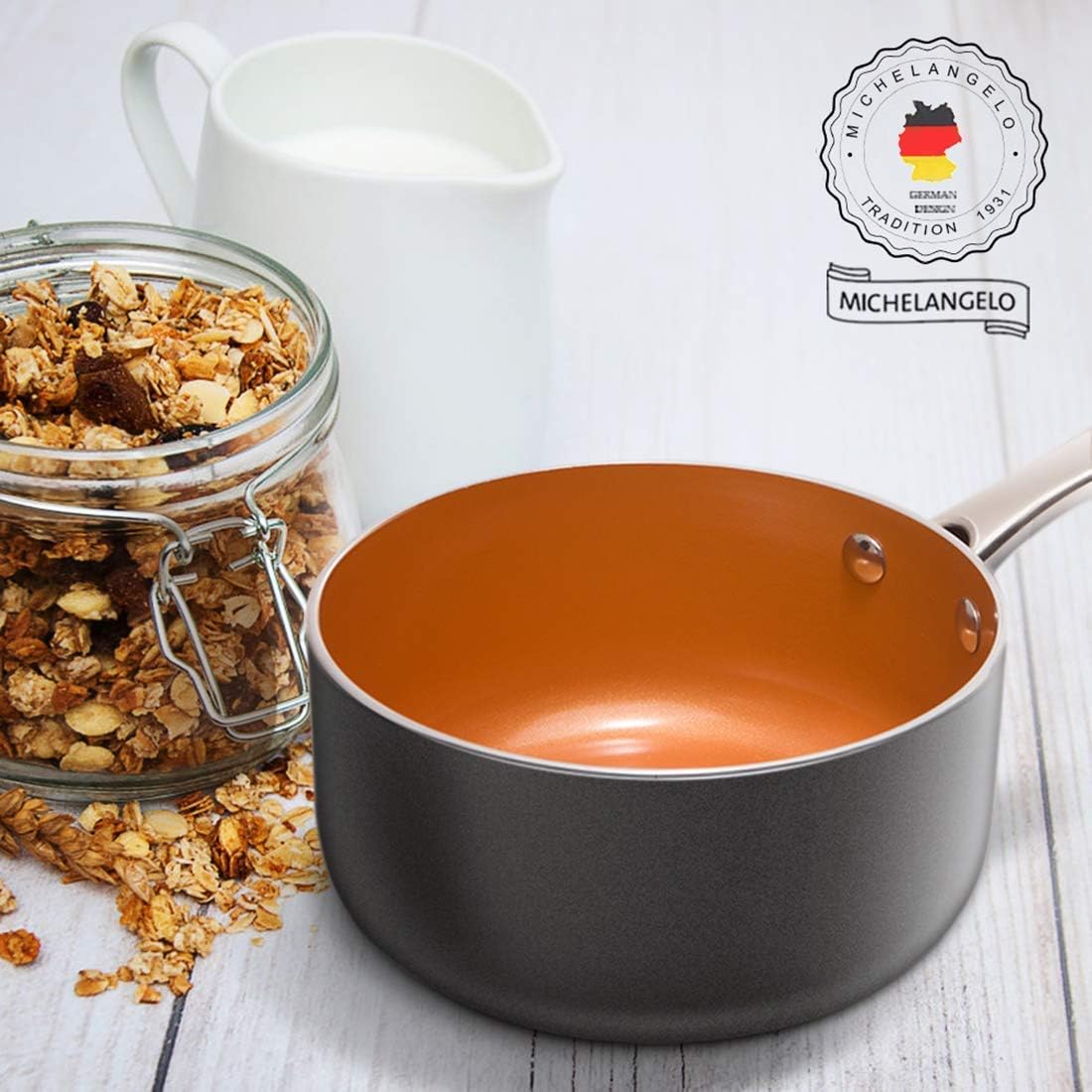 MICHELANGELO Saucepan Set with Lid, Nonstick 1Qt + 2Qt + 3QT Copper Sauce Pan Set with Lid, Small Pot with Lid, Ceramic Nonstick Saucepan Set, Small Sauce Pots, Copper Pot Set