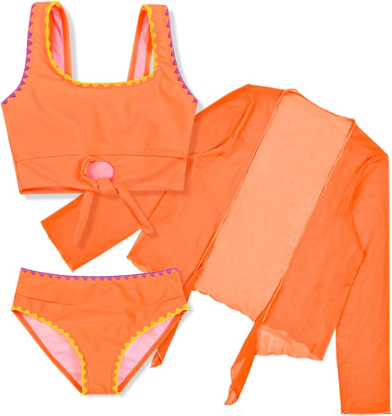 Mirawise Girls Bathing Suit Beach Bikini Swimsuit Set Tie Front 3 Piece Swimwear with Cover Up for 6-13Y