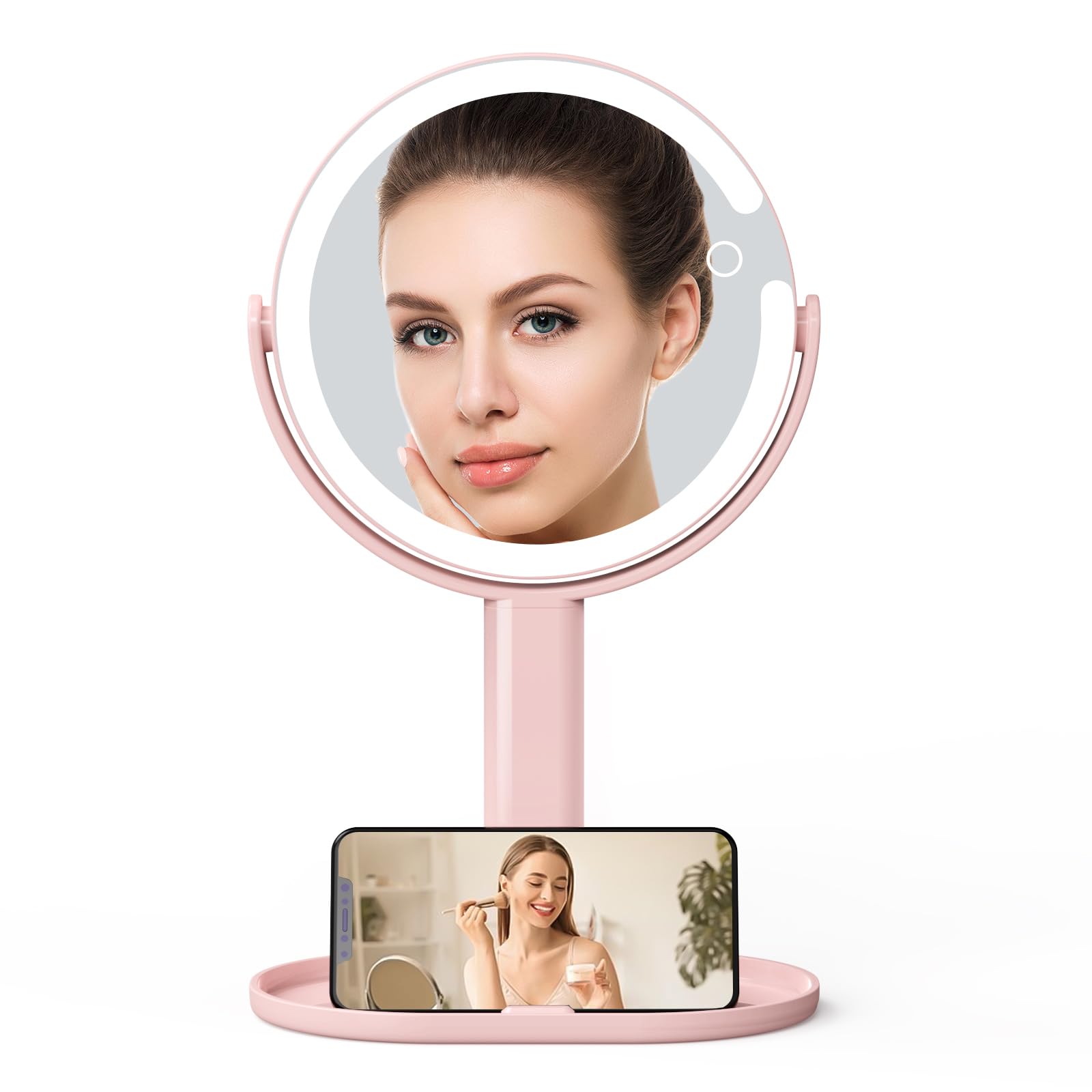 Lighted Makeup Vanity Mirror,8" Rechargeable Double Sided Magnifying Mirror with 3 Color Lights,1X 10X Magnification Cosmetic Light Up Mirror,360° Rotation Portable Make Up Travel LED Beauty Mirror