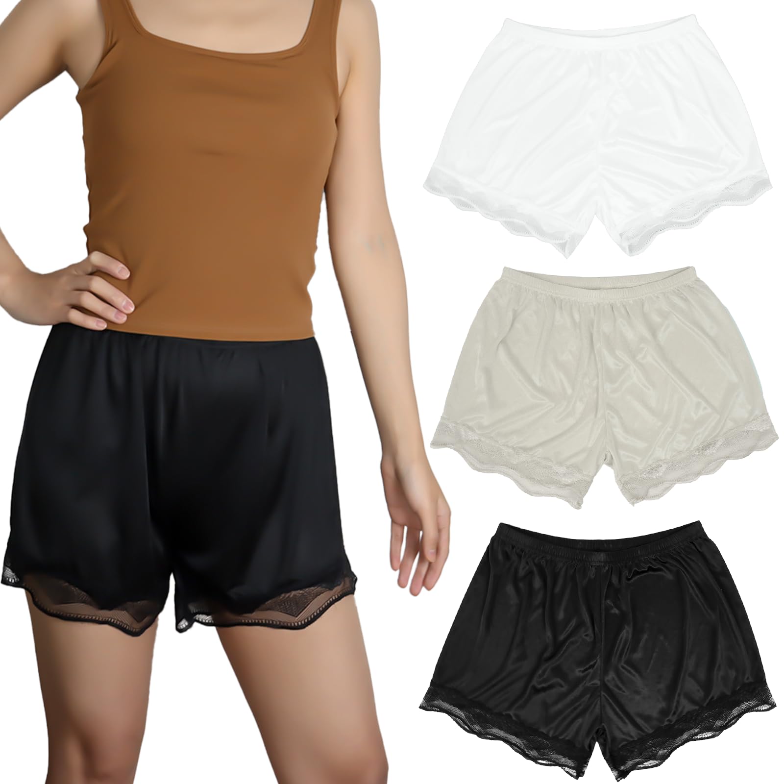 3 Pantalones Cortos para Mujer Debajo del Vestido, Pantalones Cortos de Media Falda Dividida (L, Blanco, Negro, champán), Blanco, Negro, champán, Large