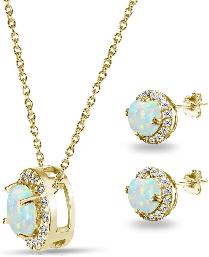 B. BRILLIANT Gold Flashed Sterling Silver Genuine, Created or Simulated Gemstone Round Halo Necklace & Earrings Jewelry Set for Women Bridesmaids