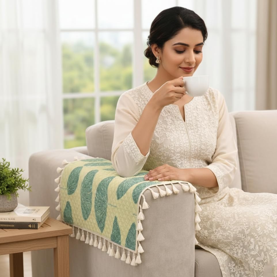 Image of STITCHNEST Printed Quilted Sofa Arm Cover with Tassels | Stylish Hand Rest Protector | Soft & Durable | 18 x 22 Inches