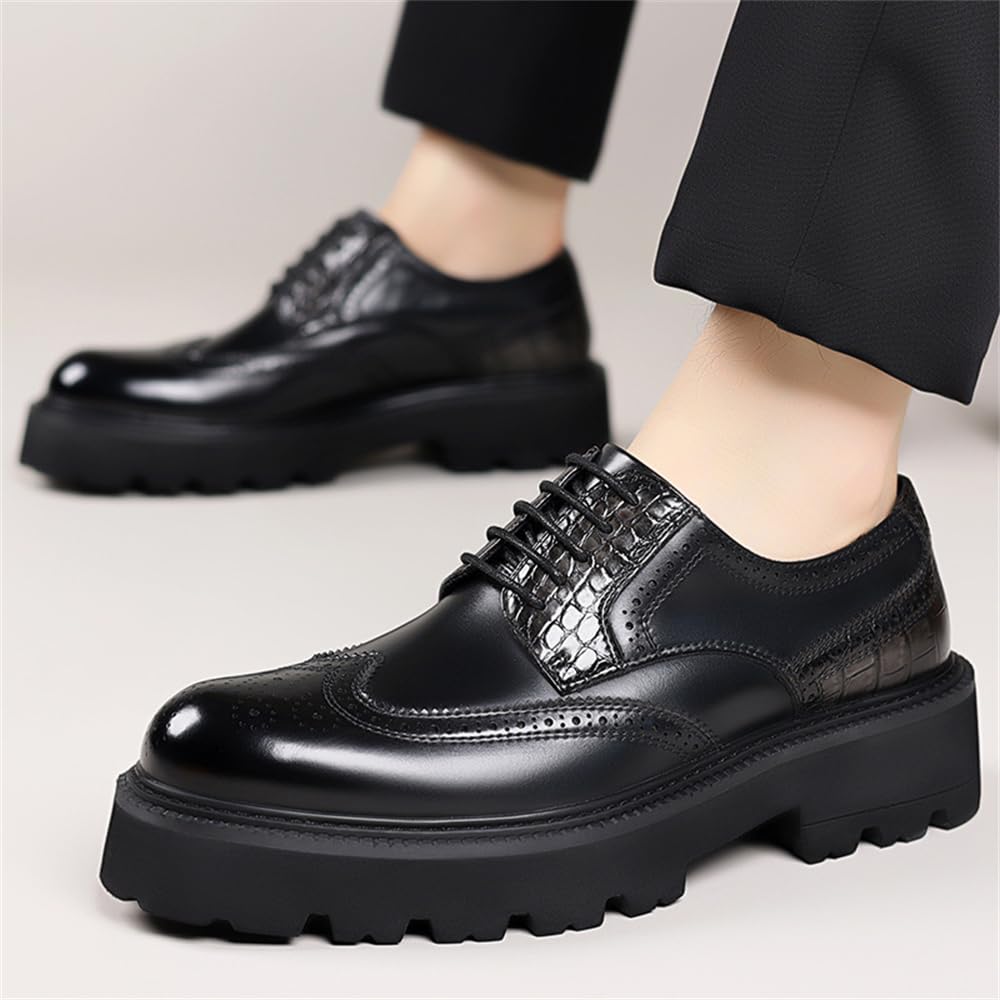 Mocasines de piel auténtica con plataforma Oxford para hombre, con punta de ala, gruesos, antideslizantes, para el trabajo, informales, para vestir, zapatos Derby, Negro 2, 41 1/3 EU