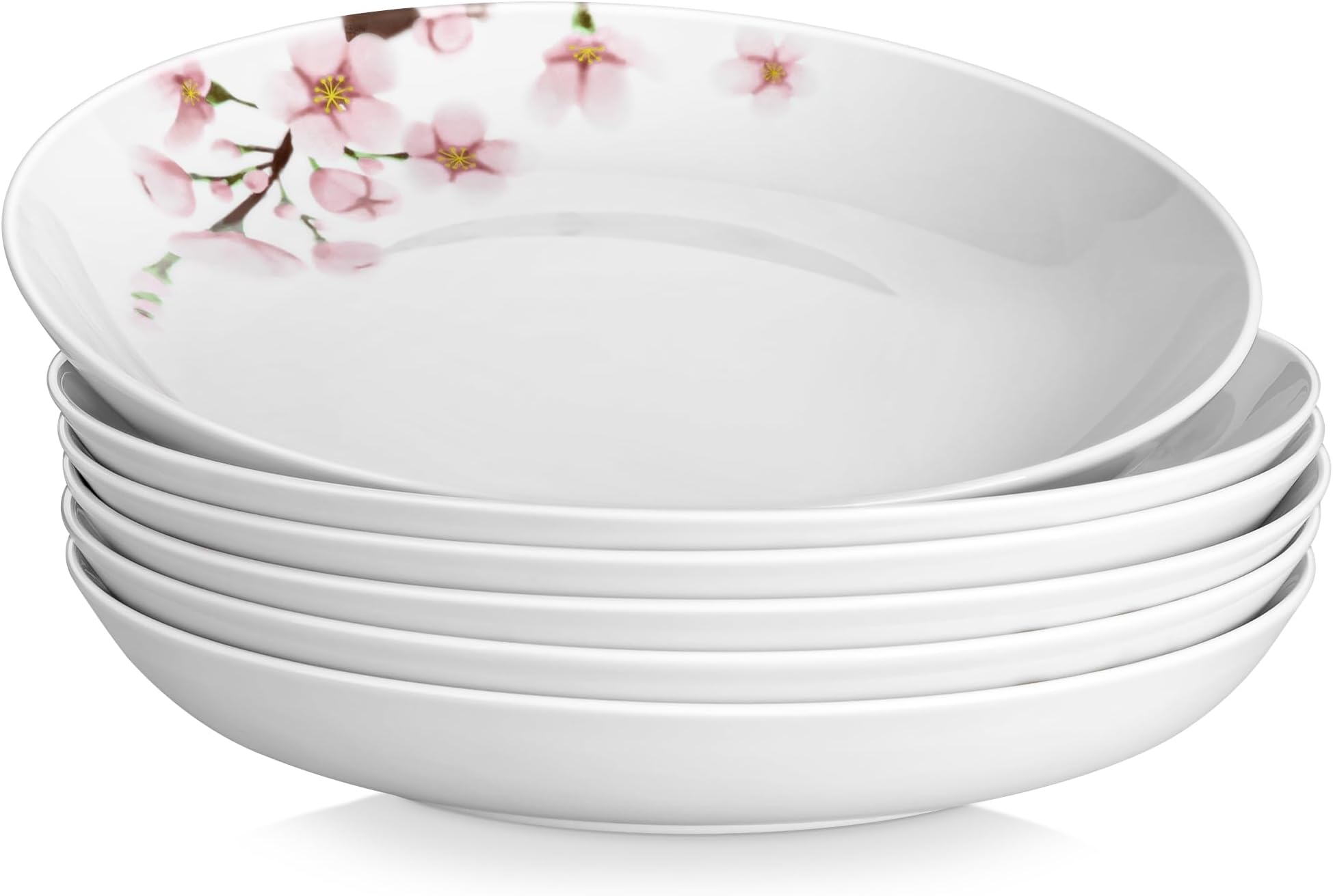 VEWEET Pasta Bowls Set 48 OZ White Serving Bowls with Pink Floral, 10.5 Inch Ceramic Pasta Plates, Salad Bowls Set of 6, Microwave & Dishwasher Safe, Series Annie