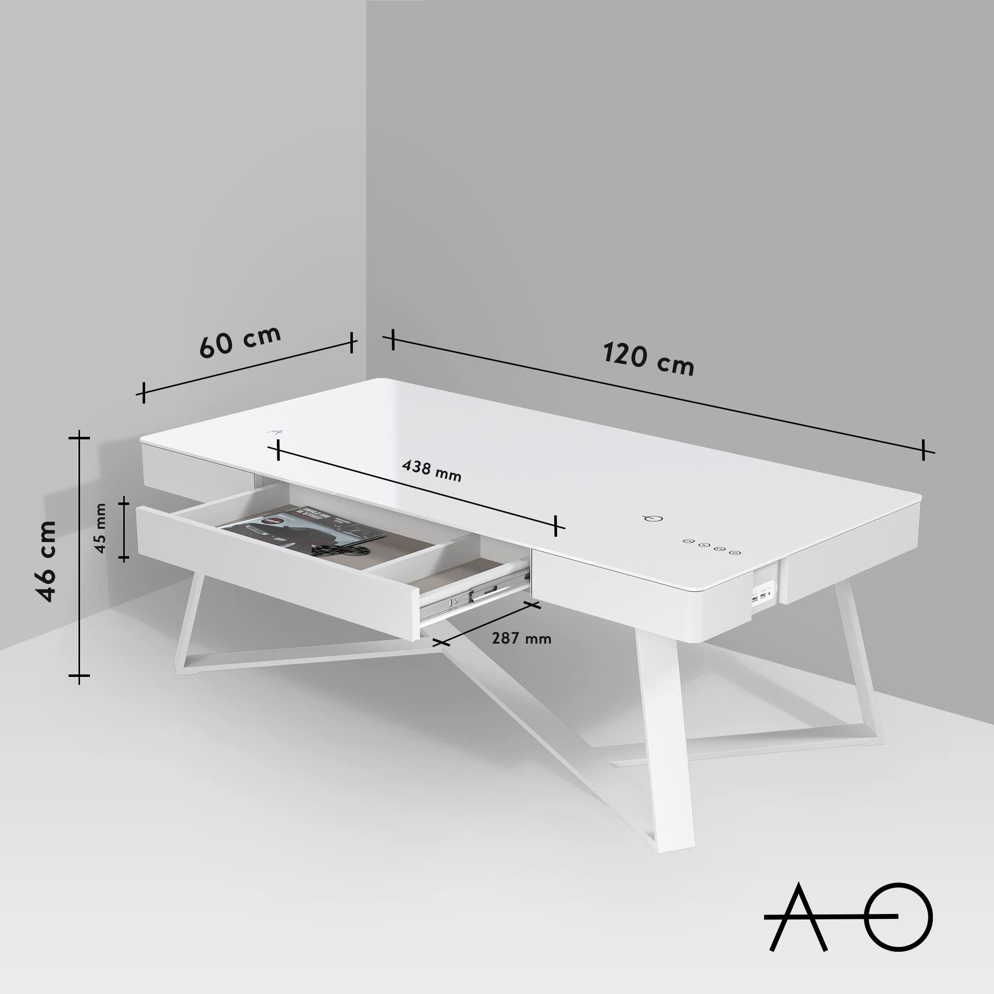 Mesa de Centro con Altavoces Bluetooth y 2 Bases Cargador Inalámbrico, Mesita de Salón de 120x60 cm con Touchpad Smart, USB C, AUX, Estación de Carga Inductiva, Blanca