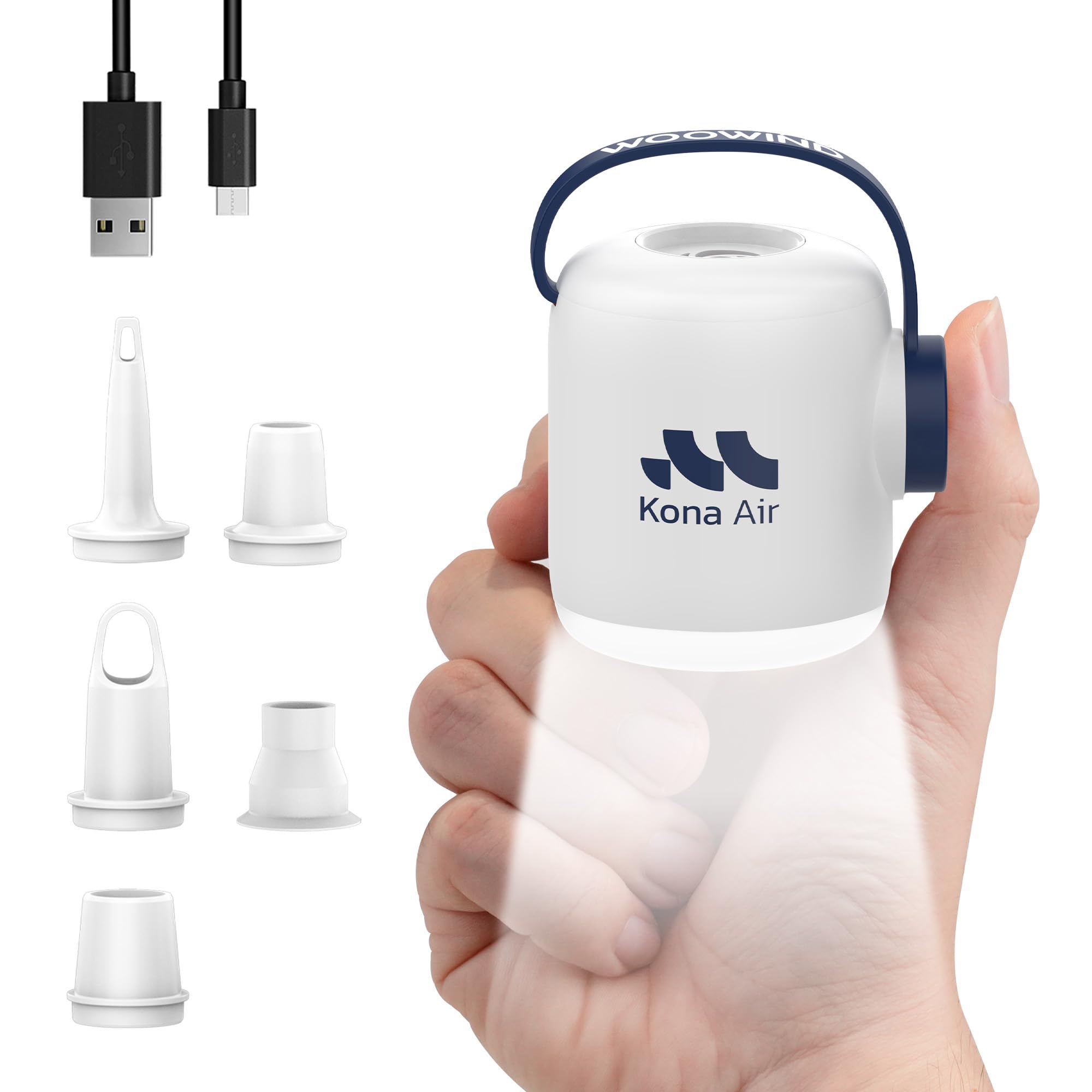 Woowind Kona Air Pompa Elettrica Per Materasso Gonfiabile, mini pompa ad aria per gonfiabili, portata 200 L/min, gonfia/sgonfia letti, galleggianti, tende, con luce LED di 10 ore