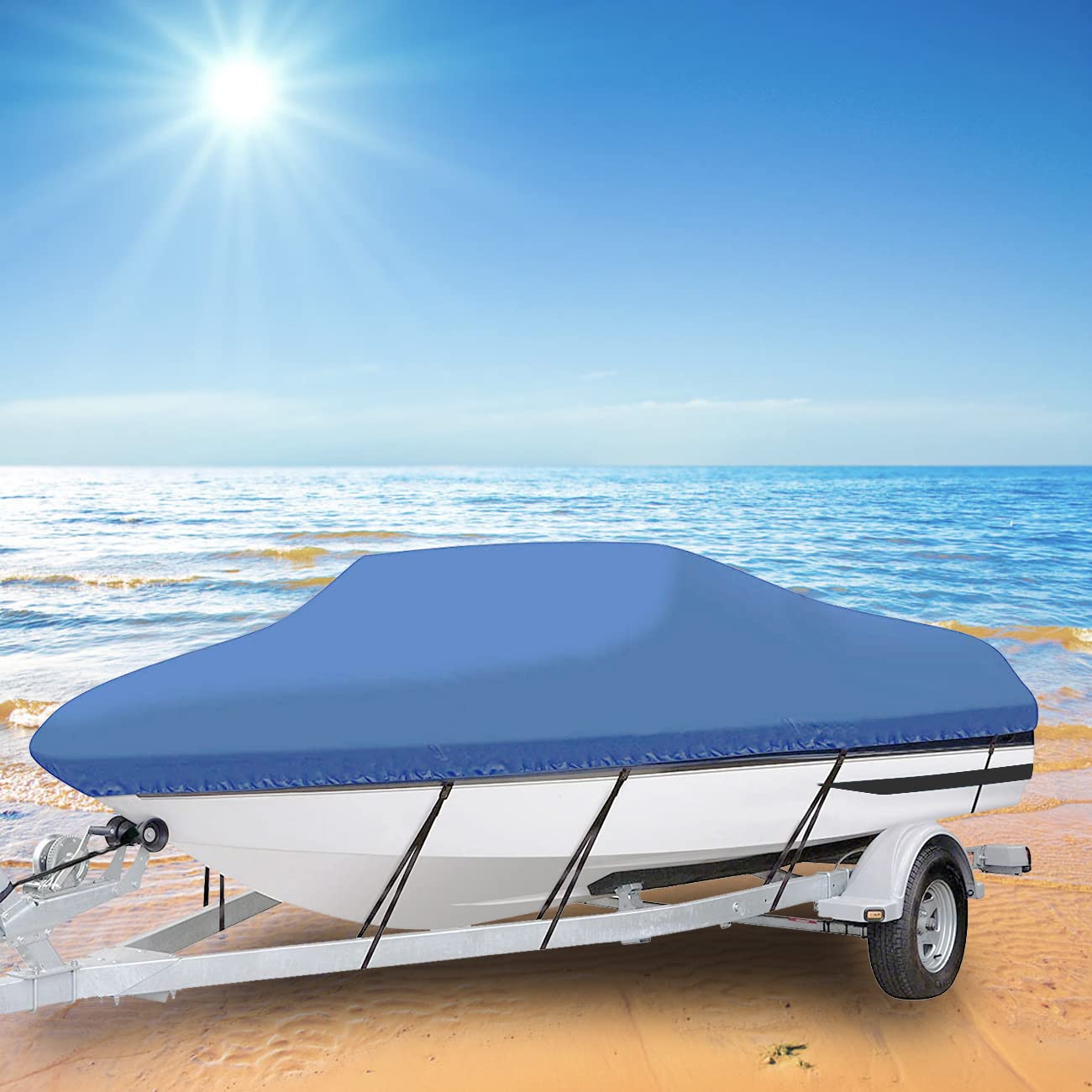 20-22ft Trailerable 600D Boat Cover, Heavy Duty Waterproof UV Marine Grade Oxford Fabric fits V-Hull,TRI-Hull,Trailer,Pro-Style,Fishing Ski,Runabout,Bass Boat with Strap Blue