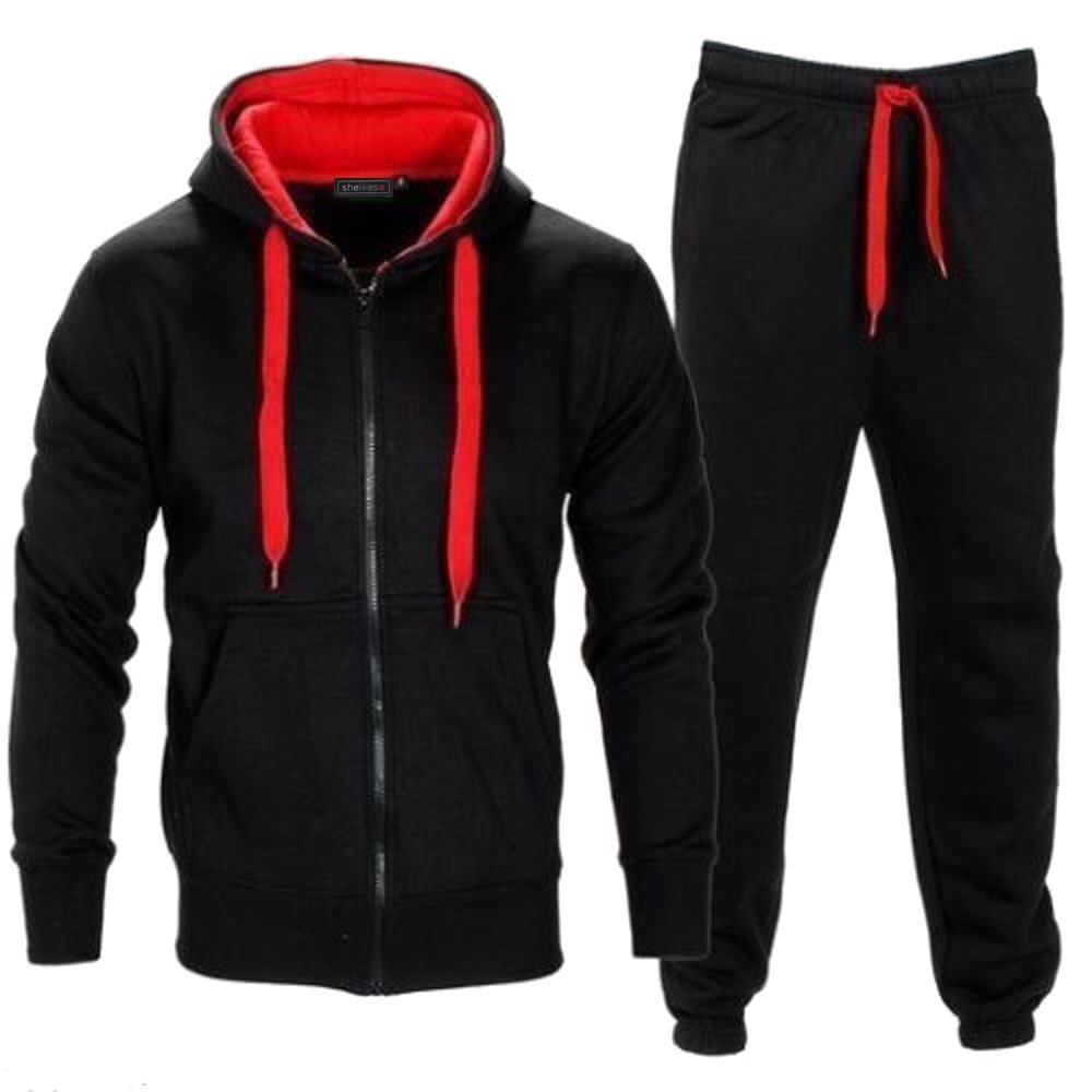 Shelikes Men's Black/Red Contrast Tracksuit Set Full Sleeve Fleece Zipper Hoodie Top Bottoms Jogging Joggers Sports Sweat Suit