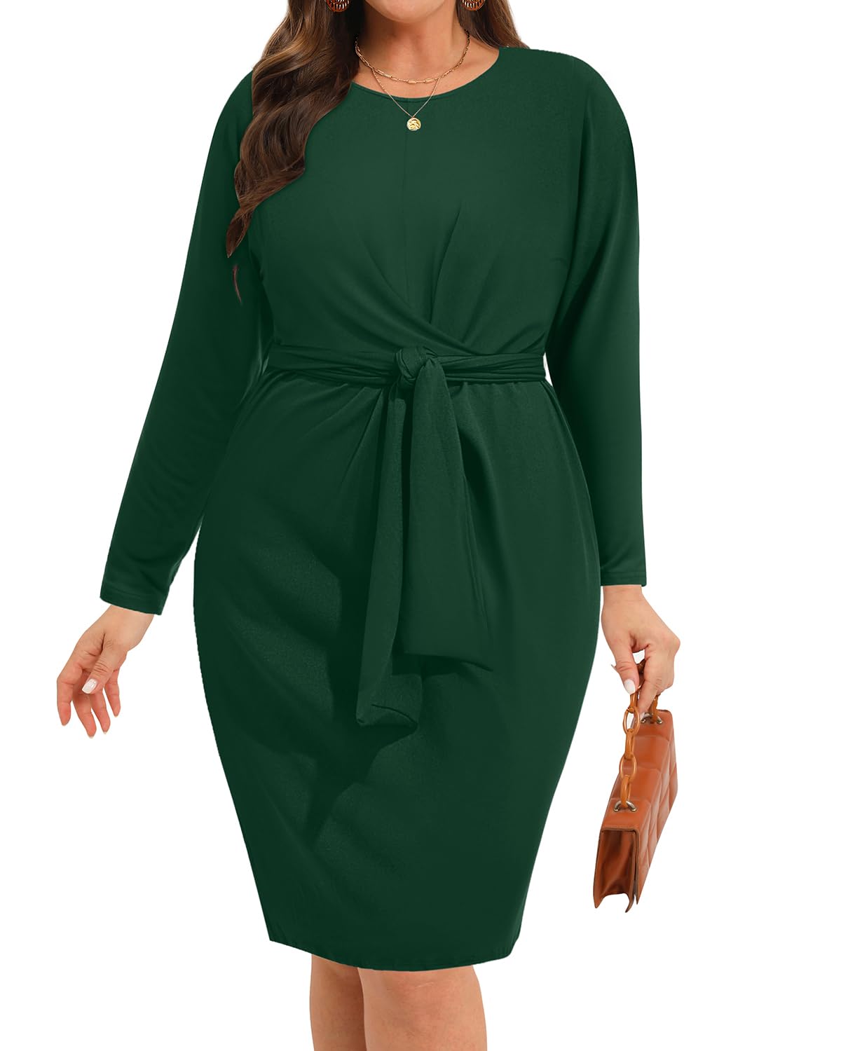 Pinup Fashion Plus Size Dresses for Women Wedding Guest Short Sleeve Tie Front Waist Belted Pencil Work Knee