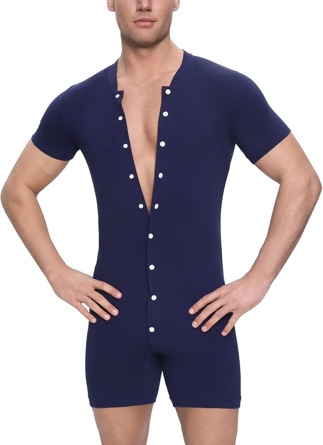 Landofgenie Mens Short Sleeve Onesie Sleepwear Henley Jumpsuit Romper for Adults Bodysuit One Piece Pajamas - Image 5