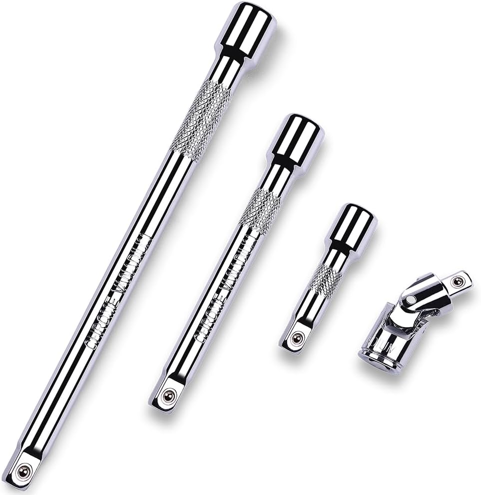 StrugDeas 4 Piece 3/8 Inch Drive Extension Bar Set, 3/8 Inch Drive Socket Extension Set Includes 3, 6, and 10 Inch Extensions and 3/8 Inch drive Universal Joint Socket