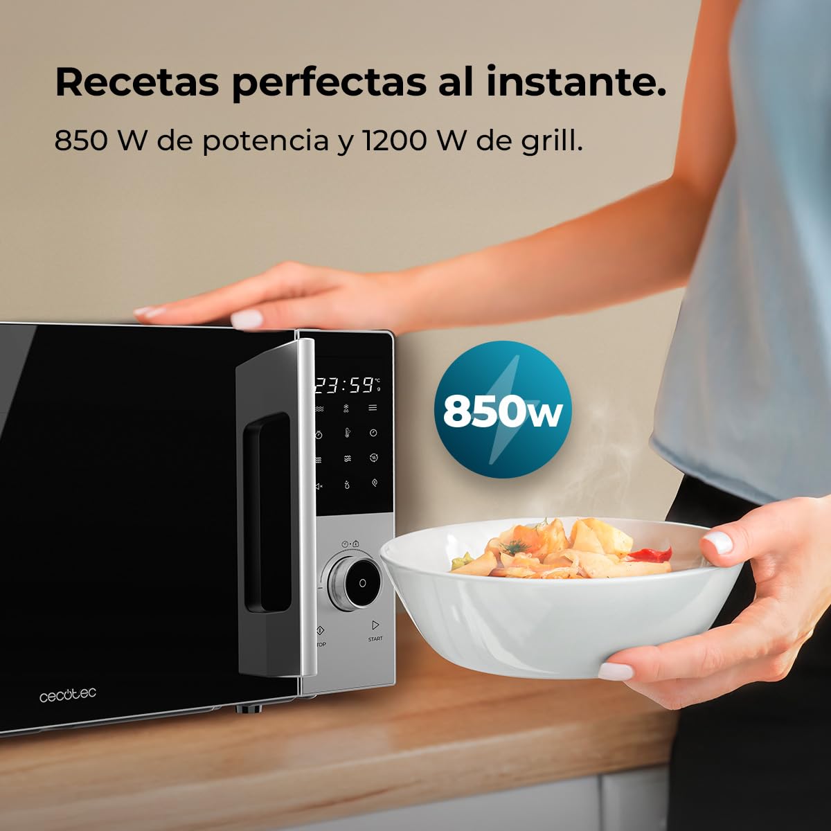 Cecotec Microondas Digital con Grill 25L Proclean 2500. 850W, Grill 1200W, Convección 2200W, 8 Programas, 5 Niveles de Potencia, Plato 315mm, Temporizador 60m, Seguridad Niños, Táctil