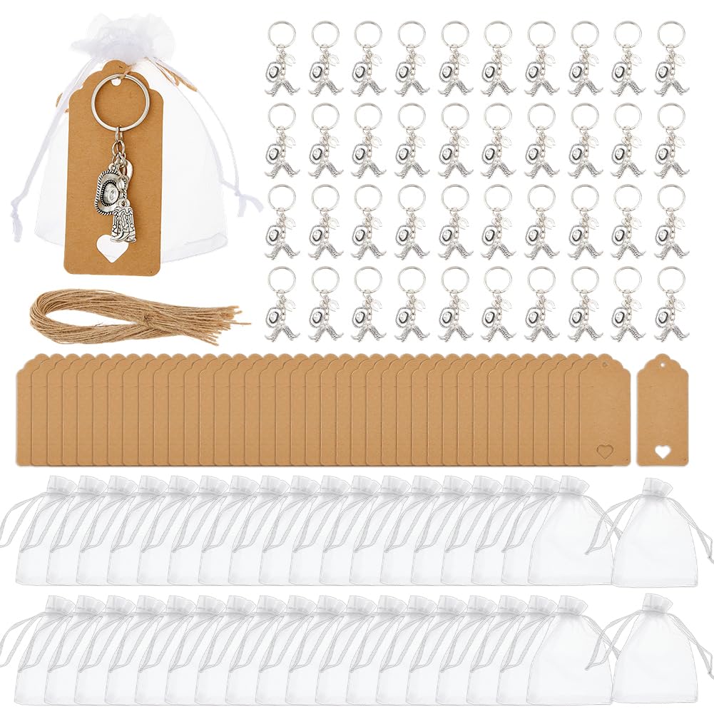SUPERFINDINGS 40 Sets Western Cowboy Party Favors Cowboy Western Keychain Hat Boot Horse Shoe Keyring with Organza Bags Thank You Tags and Rope for Westerns Theme Party Birthday Wedding Supplies Gift
