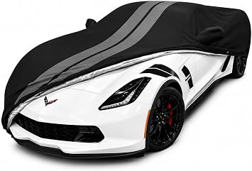 SR1 Performance USA C7 Corvette Car Cover - Custom Fit Indoor/Outdoor UV & Rain Protection - Ultraguard 300 Denier High End for 2014-2019 Stingray, Z51, Z06, Grand Sport Black with Gray Stripes