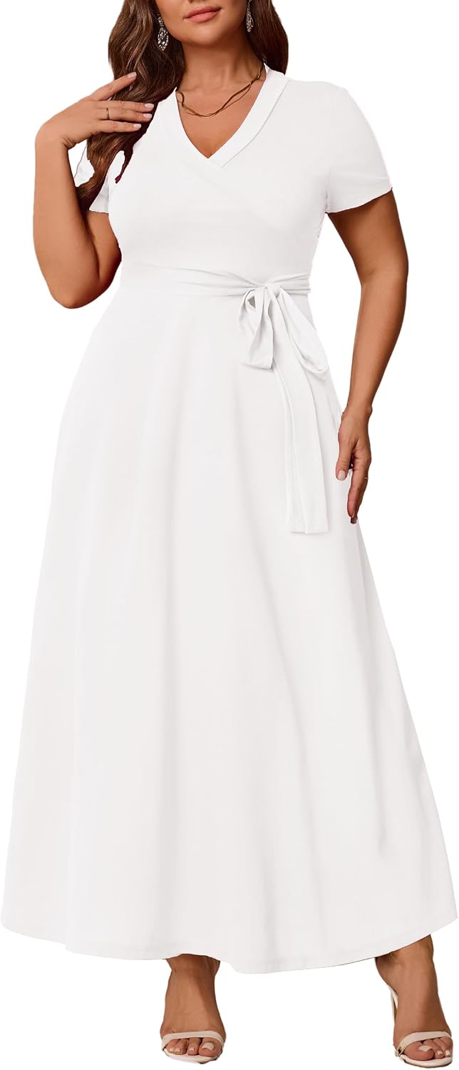 Runwind Women’s Plus Size Maxi Dress Short Sleeve Casual Summer Long Dress Solid V-Neck Dresses