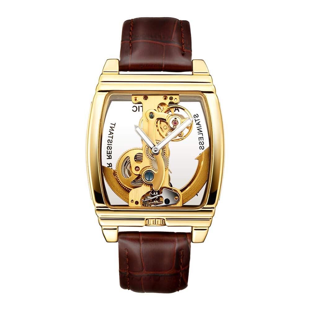 Reloj mecánico automático transparente para hombre, diseño de esqueleto steampunk, correa de cuero, reloj masculino montre Homme, Marrón dorado, Correa