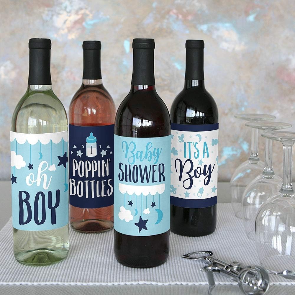 Big Dot of Happiness It's a Boy - Blue Baby Shower Decorations for Women and Men - Wine Bottle Label Stickers - Set of 4