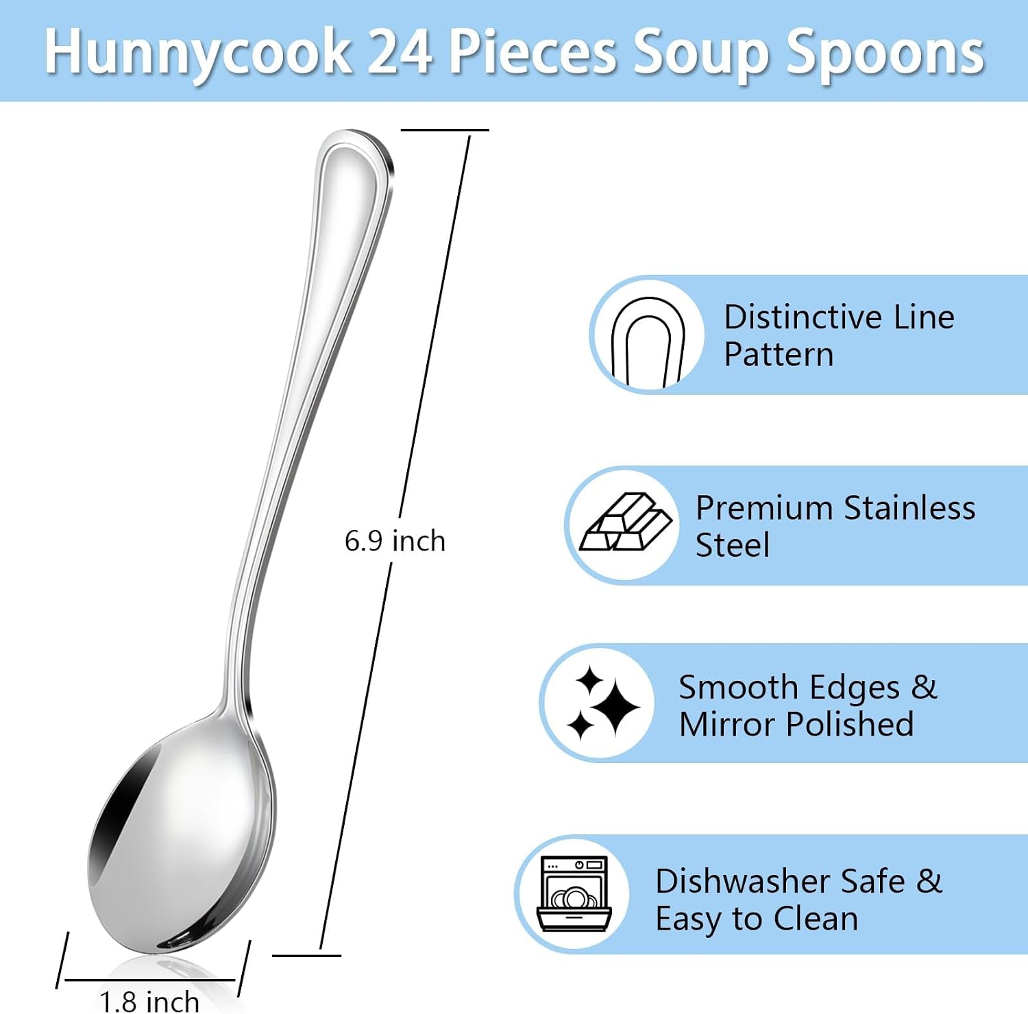 Hunnycook 24-Piece Soup Spoons - Round Spoon, 6.9 Inch Stainless Steel Korean Spoons for Soup, Cereal, Dessert, Dishwasher Safe & Line Pattern