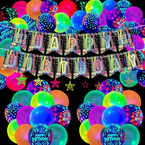 Decorações de festa de aniversário que brilham no escuro, incluindo faixas de feliz aniversário, balões de néon, redemoinhos de decoração de estrelas, acessórios de aniversário brilhantes