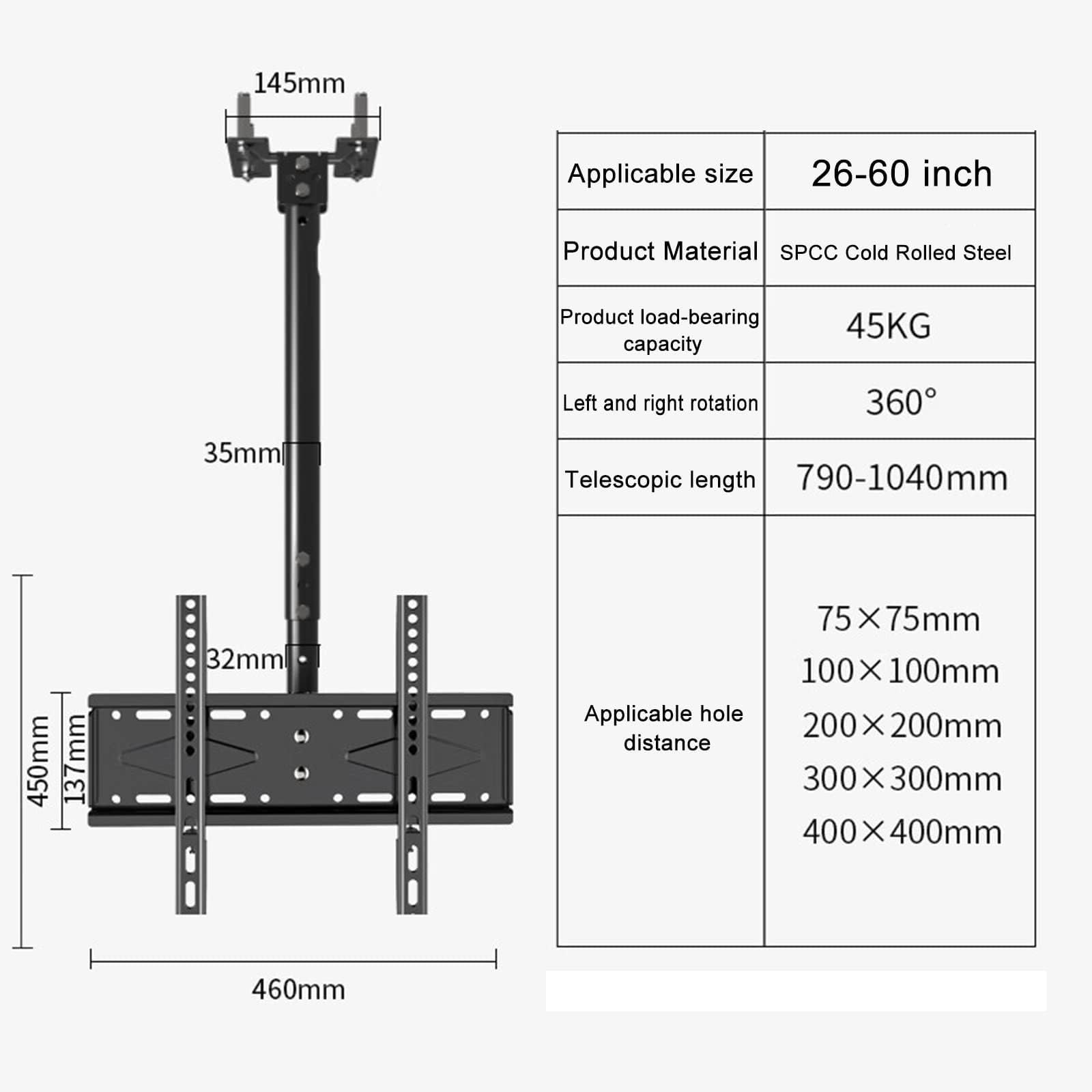 Soporte de techo universal para TV, soporte de pared giratorio telescópico, rotación de 360 grados, soporte de TV inclinable y giratorio, apto para televisores de 26 a 60 pulgadas, VESA máx. 400 x 400