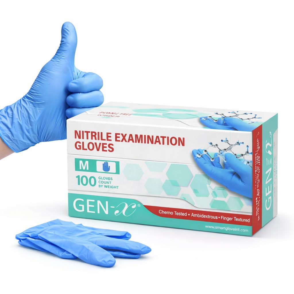 Gen X Nitrile Examination Gloves powder free, finger textured, medium - 100 gloves per box (medium, blue)
