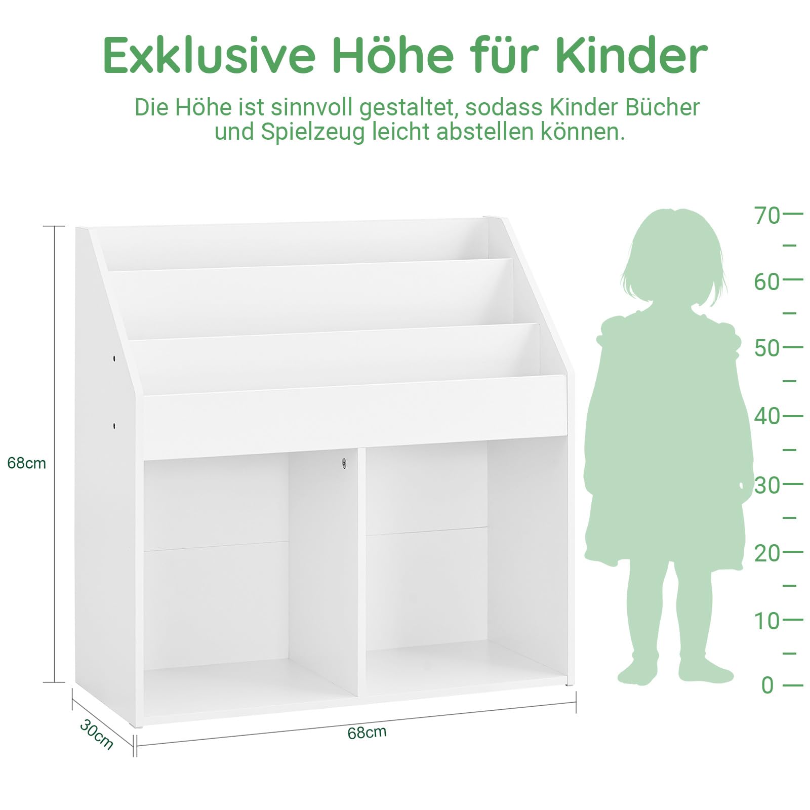 SoBuy Bücherregal Kinder Montessori mit 5 Fächern 68x68x30 cm Kinderzimmer | Kinderregal mit 3 Ablagefächern und 2 offenen Fächern, Bücherregal Kinderzimmer mit Spielzeug Aufbewahrung, Weiß, KMB01-II-W