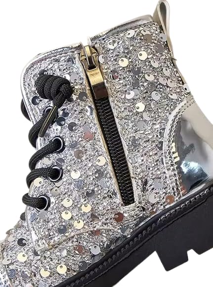 Sequence Grey Toddler Combat Boots, Glitter Sequin Design, Silver Metallic Toe, Black Platform Sole, size 28 kids3