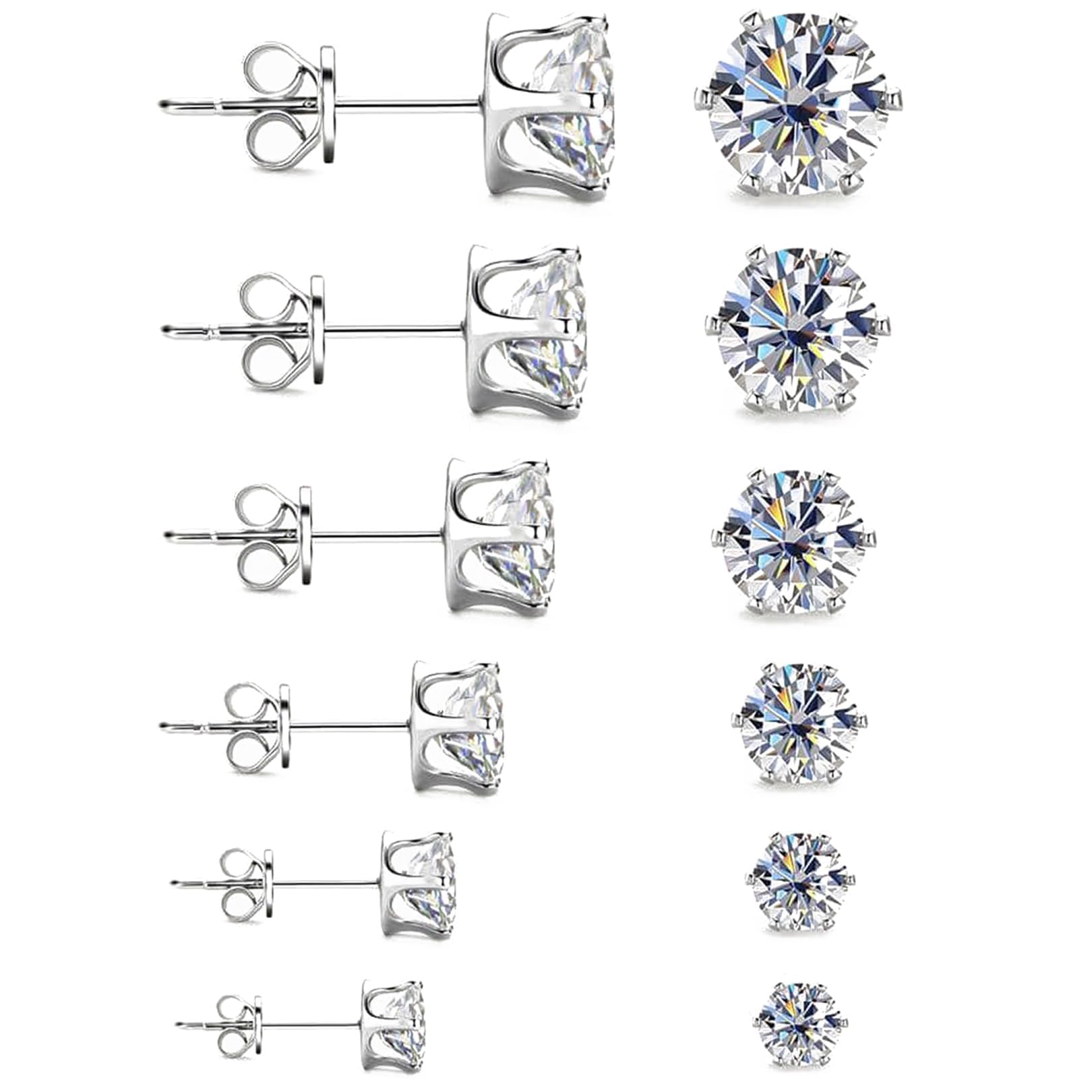 RENKE6 Pairs Stainless Steel Stud Earrings for Women Men, Hypoallergenic Silver Tone Cubic Zirconia Ear Studs Set, Round Clear CZ Piercing Jewellery Gifts (Size 3mm 4mm 5mm 6mm 7mm 8mm)