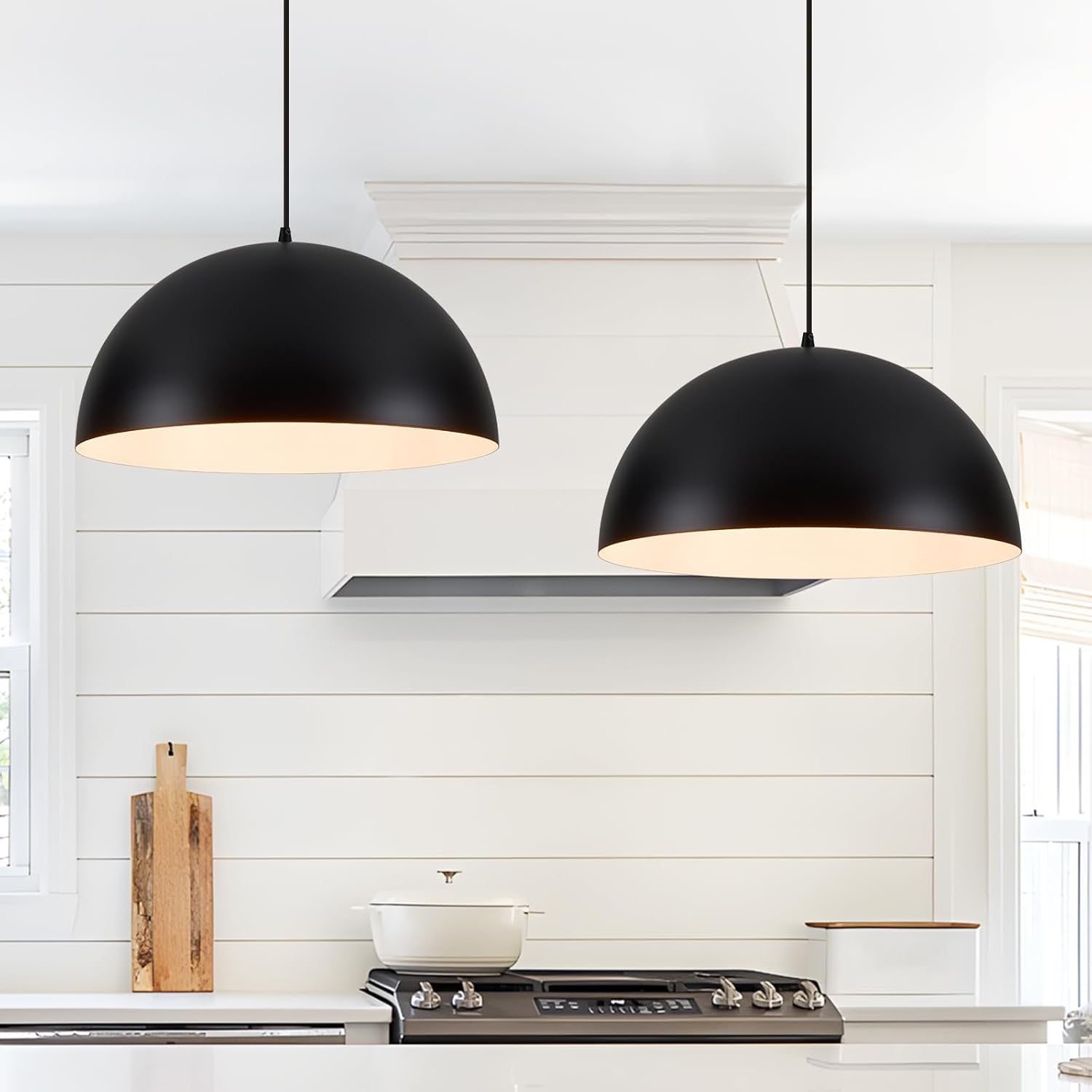 Iluminación colgante industrial para isla de cocina, lámpara colgante de cúpula de metal blanco y negro de 16 pulgadas, lámpara colgante de granja