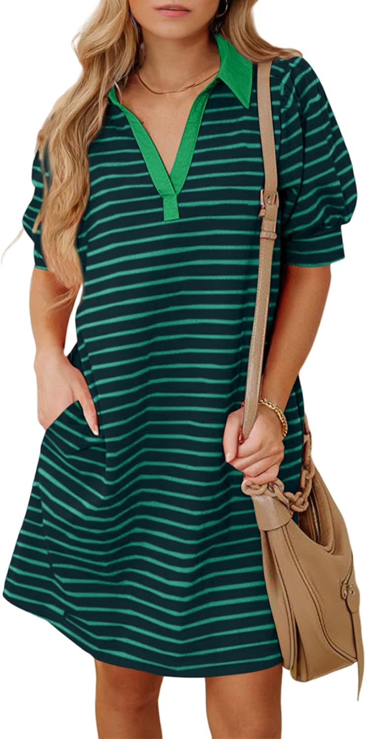 BLENCOT Women's Casual Polo V Neck T Shirt Striped Dress Summer Puff Short Sleeve MIdi Dresses
