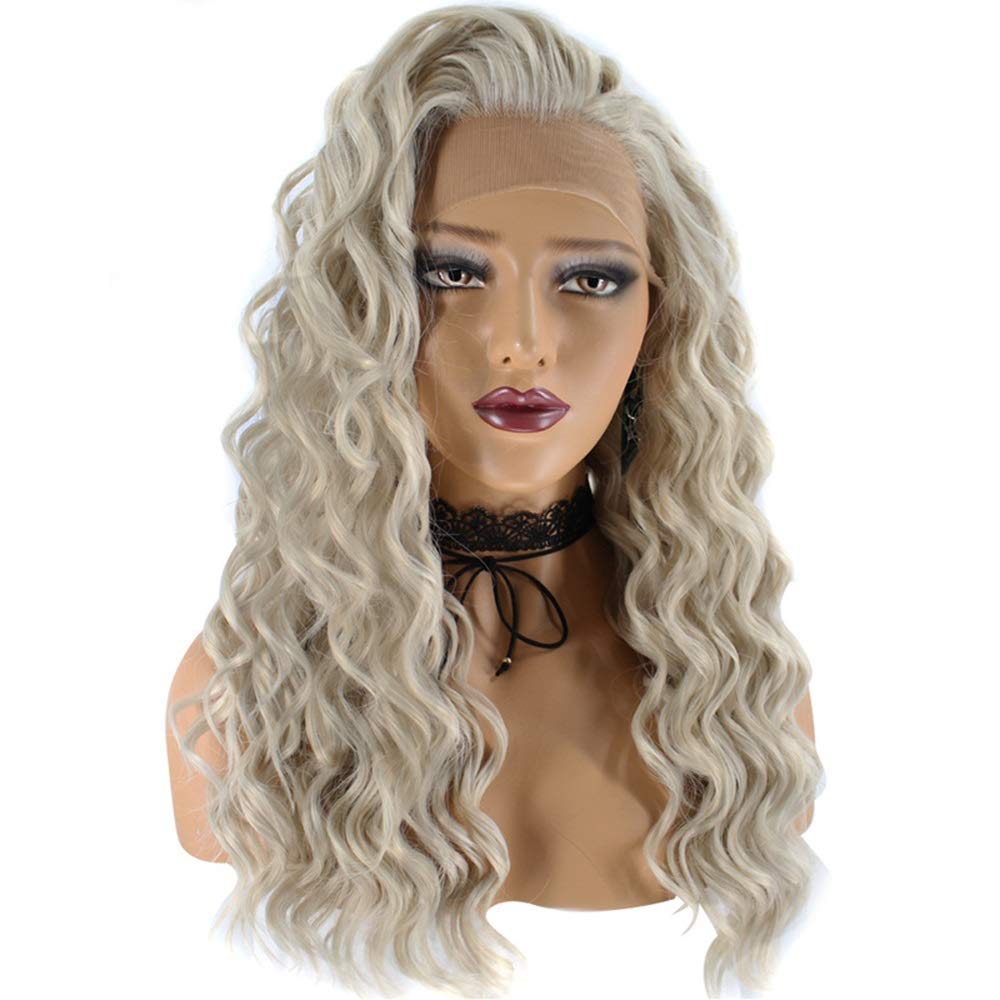 Peluca Europa y Estados Unidos Brote Frontal Pantalla de Seda Conjunto de Cabello Mujer Arroz Blanco Ondulado Pelucas de Cabello Rizado pequeño 26 Pulgadas Transpirable Fácil Cuidado